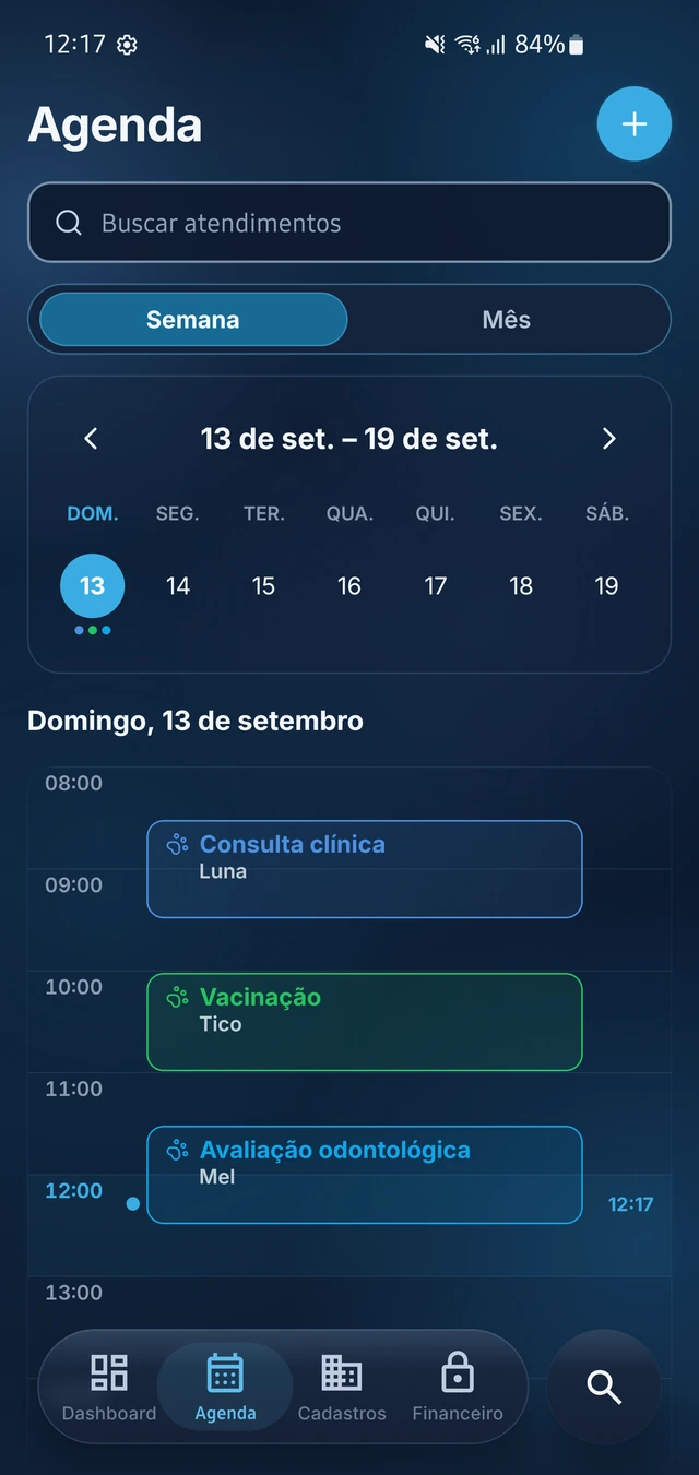 Agenda diária do Velune em modo escuro, com atendimentos organizados por horário.